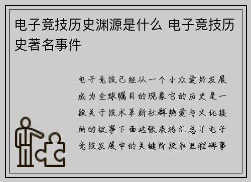 电子竞技历史渊源是什么 电子竞技历史著名事件